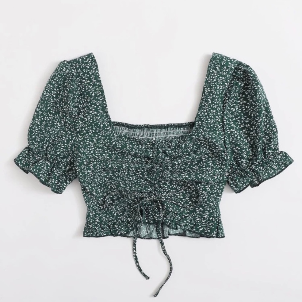 Drawstring Front Shirred Puff Sleeve Top - Picture 3 of 5